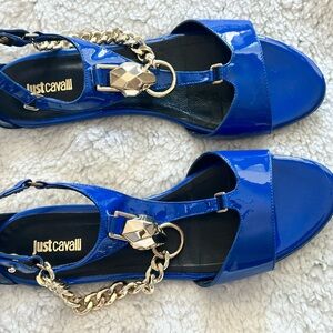 Just Cavalli Blue Sandals Bright Gold Accents, Made in Italy, Gently used